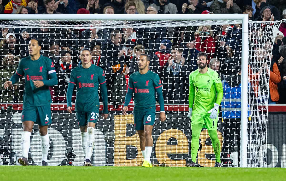 LONDON, ENGLAND - Monday, January 2, 2023: Liverpool's goalkeeper Alisson Becker looks dejected as Brentford score the opening goal during the FA Premier League match between Brentford FC and Liverpool FC at the Brentford Community Stadium. (Pic by David Rawcliffe/Propaganda)