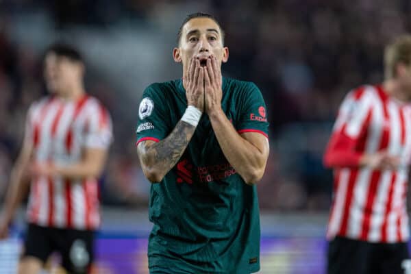 LONDON, ENGLAND - Monday, January 2, 2023: Liverpool's Kostas Tsimikas looks dejected after missing a chance during the FA Premier League match between Brentford FC and Liverpool FC at the Brentford Community Stadium. (Pic by David Rawcliffe/Propaganda)