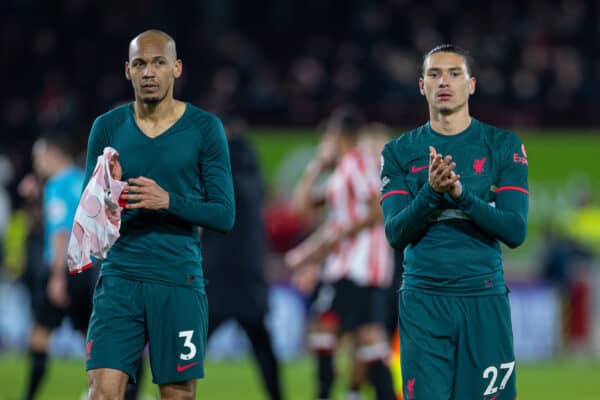 LONDON, ENGLAND - Monday, January 2, 2023: Liverpool's Fabio Henrique Tavares 'Fabinho' (L) and Darwin Núñez look dejected after the FA Premier League match between Brentford FC and Liverpool FC at the Brentford Community Stadium. Brentford won 3-1. (Pic by David Rawcliffe/Propaganda)