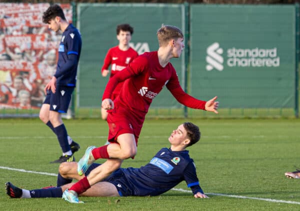 LIVERPOOL, ENGLAND - Saturday, January 7, 2023: Liverpool's Iwan Roberts celebrates after scoring the second goal during the Under-18 Premier League North match between Liverpool FC Under-18's and Blackburn Rovers FC Under-18's at the Liverpool Academy. (Pic by David Rawcliffe/Propaganda)