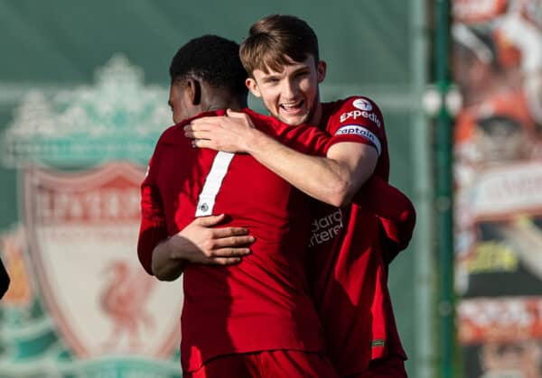 LIVERPOOL, ENGLAND - Saturday, January 7, 2023: Liverpool's captain Terence Miles (R) celebrates after scoring the first goal during the Under-18 Premier League North match between Liverpool FC Under-18's and Blackburn Rovers FC Under-18's at the Liverpool Academy. (Pic by David Rawcliffe/Propaganda)