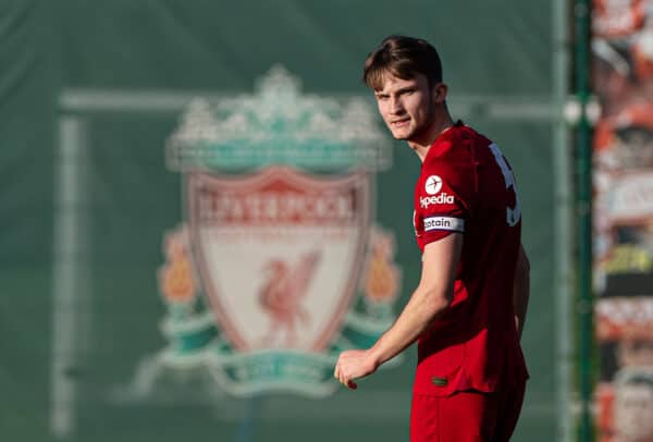 LIVERPOOL, ENGLAND - Saturday, January 7, 2023: Liverpool's captain Terence Miles celebrates after scoring the first goal during the Under-18 Premier League North match between Liverpool FC Under-18's and Blackburn Rovers FC Under-18's at the Liverpool Academy. (Pic by David Rawcliffe/Propaganda)