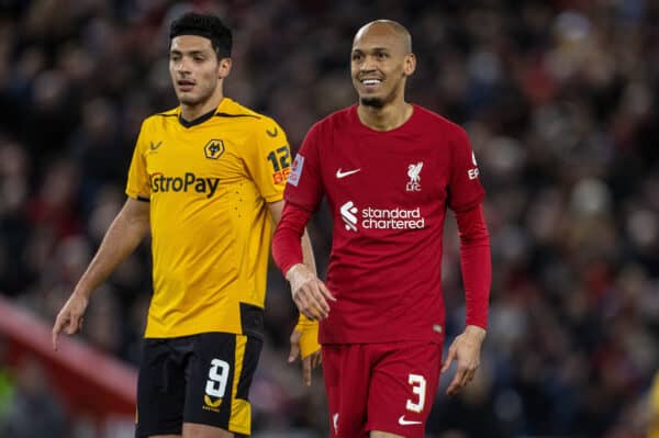 LIVERPOOL, ENGLAND - Saturday, January 7, 2023: Liverpool's Fabio Henrique Tavares 'Fabinho' (R) during the FA Cup 3rd Round match between Liverpool FC and Wolverhampton Wanderers FC at Anfield. (Pic by David Rawcliffe/Propaganda)