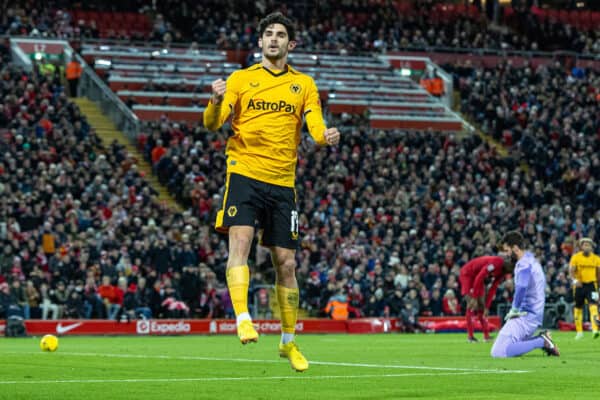 LIVERPOOL, ENGLAND - Saturday, January 7, 2023: Wolverhampton Wanderers' Gonçalo Guedes celebrates after scoring the first goal during the FA Cup 3rd Round match between Liverpool FC and Wolverhampton Wanderers FC at Anfield. (Pic by David Rawcliffe/Propaganda)