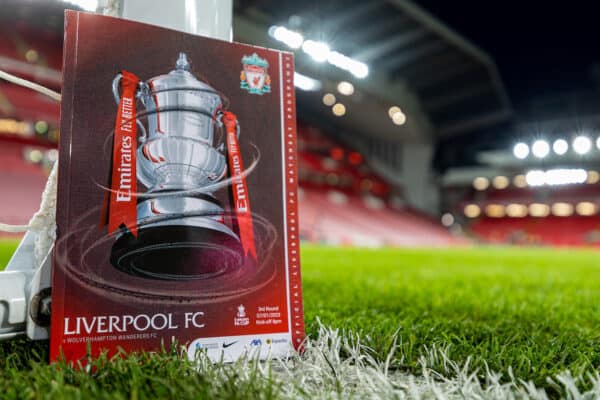 LIVERPOOL, ENGLAND - Saturday, January 7, 2023: Liverpool begin their defence of the FA Cup by featuring the trophy on the cover of the matchday programme seen before the FA Cup 3rd Round match between Liverpool FC and Wolverhampton Wanderers FC at Anfield. (Pic by David Rawcliffe/Propaganda)