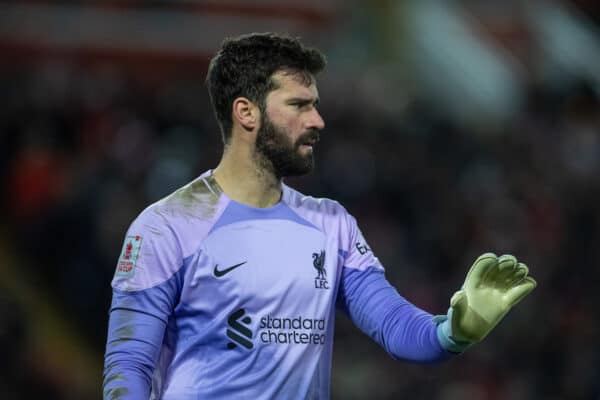 LIVERPOOL, ENGLAND - Saturday, January 7, 2023: Liverpool's goalkeeper Alisson Becker during the FA Cup 3rd Round match between Liverpool FC and Wolverhampton Wanderers FC at Anfield. (Pic by David Rawcliffe/Propaganda)