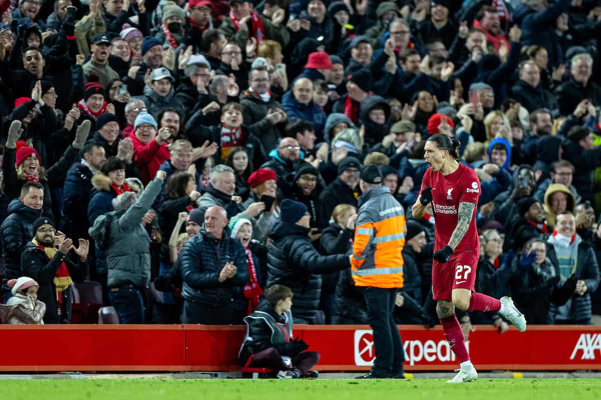 LIVERPOOL, ENGLAND - Saturday, January 7, 2023: Liverpool's Darwin Núñez celebrates after scoring the first equalising goal during the FA Cup 3rd Round match between Liverpool FC and Wolverhampton Wanderers FC at Anfield. (Pic by David Rawcliffe/Propaganda)