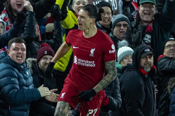 LIVERPOOL, ENGLAND - Saturday, January 7, 2023: Liverpool's Darwin Núñez celebrates after scoring the first equalising goal during the FA Cup 3rd Round match between Liverpool FC and Wolverhampton Wanderers FC at Anfield. (Pic by David Rawcliffe/Propaganda)