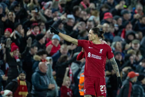 LIVERPOOL, ENGLAND - Saturday, January 7, 2023: Liverpool's Darwin Núñez celebrates after scoring the first equalising goal during the FA Cup 3rd Round match between Liverpool FC and Wolverhampton Wanderers FC at Anfield. (Pic by David Rawcliffe/Propaganda)