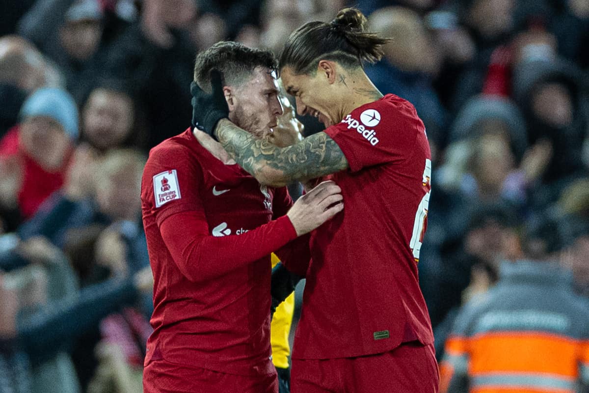 LIVERPOOL, ENGLAND - Saturday, January 7, 2023: Liverpool's Darwin Núñez (R) celebrates with team-mate Andy Robertson after scoring the first equalising goal during the FA Cup 3rd Round match between Liverpool FC and Wolverhampton Wanderers FC at Anfield. (Pic by David Rawcliffe/Propaganda)