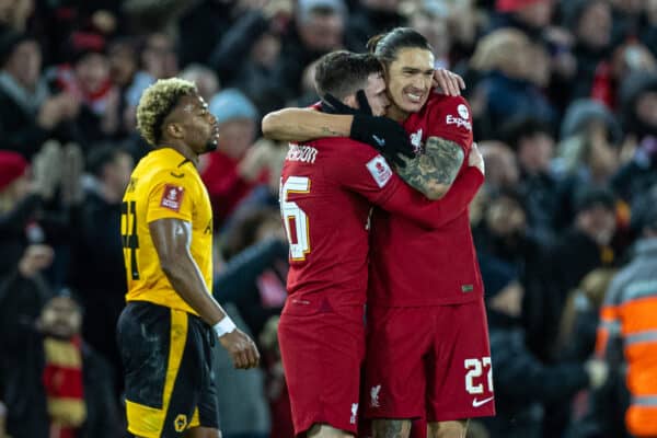 LIVERPOOL, ENGLAND - Saturday, January 7, 2023: Liverpool's Darwin Núñez (R) celebrates with team-mate Andy Robertson after scoring the first equalising goal during the FA Cup 3rd Round match between Liverpool FC and Wolverhampton Wanderers FC at Anfield. (Pic by David Rawcliffe/Propaganda)