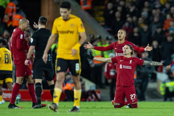 LIVERPOOL, ENGLAND - Saturday, January 7, 2023: Liverpool's Darwin Núñez (R) and Thiago Alcântara react during the FA Cup 3rd Round match between Liverpool FC and Wolverhampton Wanderers FC at Anfield. (Pic by David Rawcliffe/Propaganda)