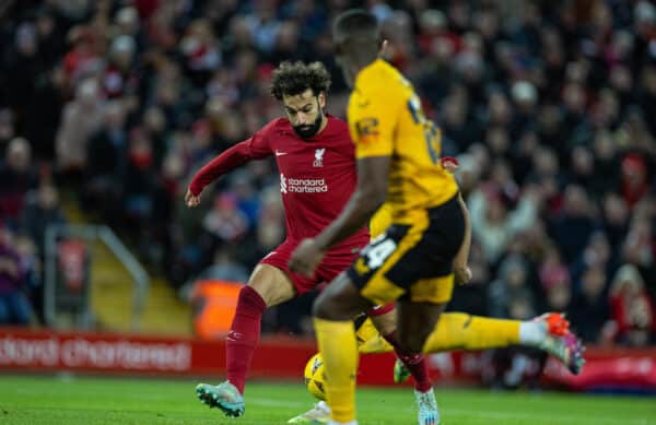 LIVERPOOL, ENGLAND - Saturday, January 7, 2023: Liverpool's Mohamed Salah scores the second goal, his 173rd for the club making hin Liverpool's 7th highest scorer overetaking Kenny Dalglish, during the FA Cup 3rd Round match between Liverpool FC and Wolverhampton Wanderers FC at Anfield. (Pic by David Rawcliffe/Propaganda)