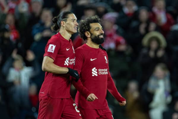 LIVERPOOL, ENGLAND - Saturday, January 7, 2023: Liverpool's Mohamed Salah (R) celebrates with team-mate Darwin Núñez (L) after scoring the second goal, his 173rd for the club making him Liverpool's 7th highest scorer overtaking Kenny Dalglish, during the FA Cup 3rd Round match between Liverpool FC and Wolverhampton Wanderers FC at Anfield. (Pic by David Rawcliffe/Propaganda)