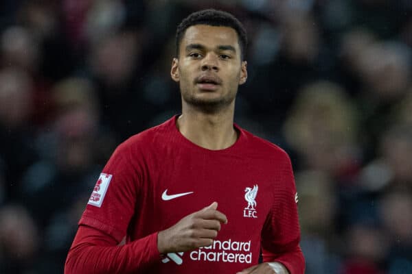 LIVERPOOL, ENGLAND - Saturday, January 7, 2023: Liverpool's Coady Gakpo during the FA Cup 3rd Round match between Liverpool FC and Wolverhampton Wanderers FC at Anfield. (Pic by David Rawcliffe/Propaganda)