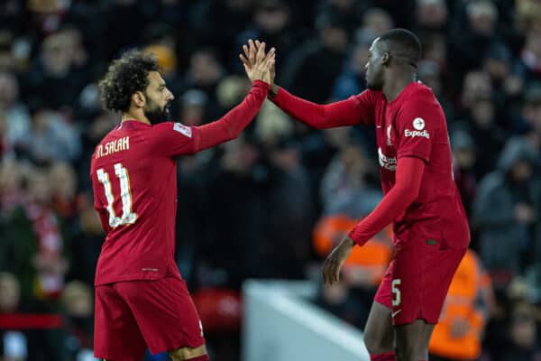 LIVERPOOL, ENGLAND - Saturday, January 7, 2023: Liverpool's Mohamed Salah (L) celebrates with team-mate Ibrahima Konaté (R) after scoring the second goal, his 173rd for the club making him Liverpool's 7th highest scorer overtaking Kenny Dalglish, during the FA Cup 3rd Round match between Liverpool FC and Wolverhampton Wanderers FC at Anfield. (Pic by David Rawcliffe/Propaganda)