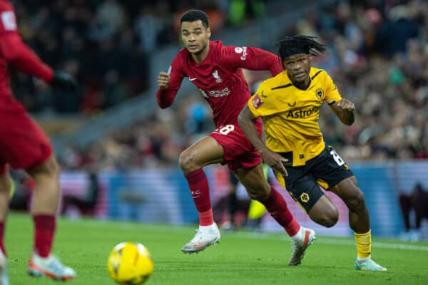 LIVERPOOL, ENGLAND - Saturday, January 7, 2023: Liverpool's Cody Gakpo (L) during the FA Cup 3rd Round match between Liverpool FC and Wolverhampton Wanderers FC at Anfield. (Pic by David Rawcliffe/Propaganda)