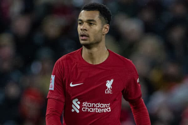 LIVERPOOL, ENGLAND - Saturday, January 7, 2023: Liverpool's Coady Gakpo during the FA Cup 3rd Round match between Liverpool FC and Wolverhampton Wanderers FC at Anfield. (Pic by David Rawcliffe/Propaganda)