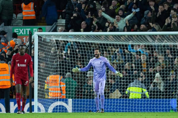 LIVERPOOL, ENGLAND - Saturday, January 7, 2023: Liverpool's goalkeeper Alisson Becker looks dejected as. Wolverhampton Wanderers score their second goal during the FA Cup 3rd Round match between Liverpool FC and Wolverhampton Wanderers FC at Anfield. (Pic by David Rawcliffe/Propaganda)