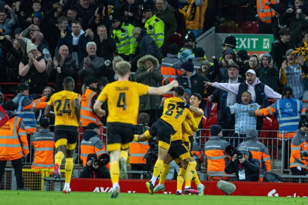 LIVERPOOL, ENGLAND - Saturday, January 7, 2023: Wolverhampton Wanderers' Hee-chan Hwang (R) celebrates after scoring the second goal during the FA Cup 3rd Round match between Liverpool FC and Wolverhampton Wanderers FC at Anfield. (Pic by David Rawcliffe/Propaganda)