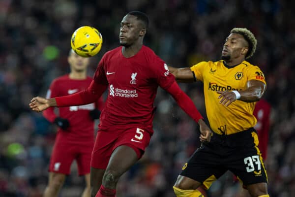 LIVERPOOL, ENGLAND - Saturday, January 7, 2023: Liverpool's Ibrahima Konaté (L) and Wolverhampton Wanderers' Adama Traoré during the FA Cup 3rd Round match between Liverpool FC and Wolverhampton Wanderers FC at Anfield. (Pic by David Rawcliffe/Propaganda)