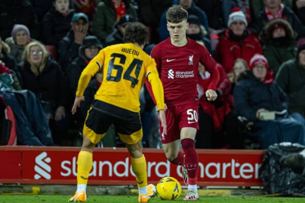 LIVERPOOL, ENGLAND - Saturday, January 7, 2023: Liverpool's Ben Doak during the FA Cup 3rd Round match between Liverpool FC and Wolverhampton Wanderers FC at Anfield. (Pic by David Rawcliffe/Propaganda)