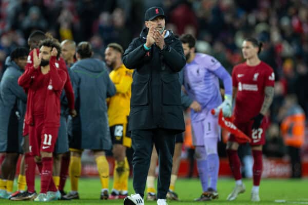 LIVERPOOL, ENGLAND - Saturday, January 7, 2023: Liverpool's manager Jürgen Klopp applauds the supporters after the FA Cup 3rd Round match between Liverpool FC and Wolverhampton Wanderers FC at Anfield. The game ended in a 2-2 draw. (Pic by David Rawcliffe/Propaganda)