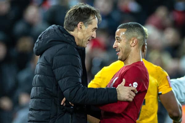 LIVERPOOL, ENGLAND - Saturday, January 7, 2023: Liverpool's Thiago Alcântara (R) embraces Wolverhampton Wanderers' manager Julen Lopetegui after the FA Cup 3rd Round match between Liverpool FC and Wolverhampton Wanderers FC at Anfield. The game ended in a 2-2 draw. (Pic by David Rawcliffe/Propaganda)