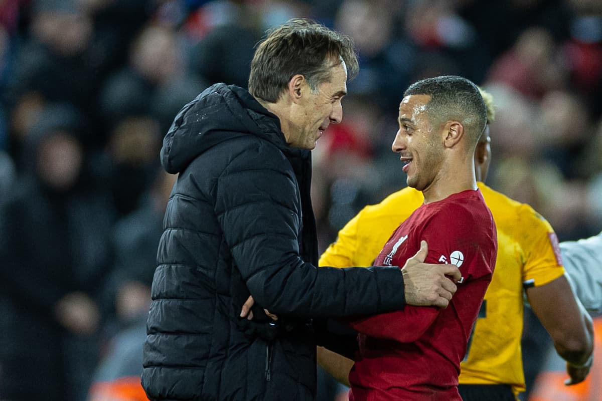 LIVERPOOL, ENGLAND - Saturday, January 7, 2023: Liverpool's Thiago Alcântara (R) embraces Wolverhampton Wanderers' manager Julen Lopetegui after the FA Cup 3rd Round match between Liverpool FC and Wolverhampton Wanderers FC at Anfield. The game ended in a 2-2 draw. (Pic by David Rawcliffe/Propaganda)