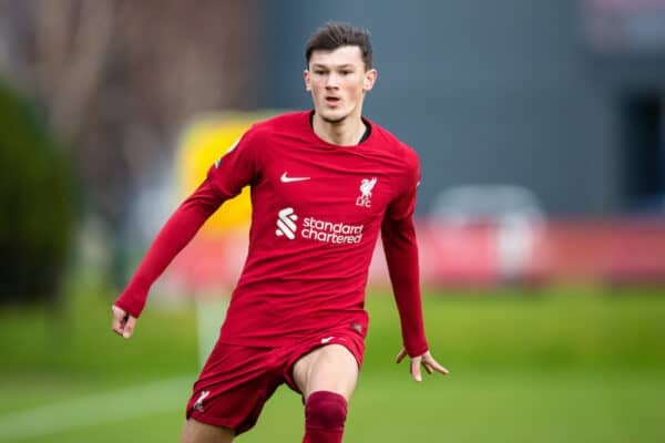 LIVERPOOL, ENGLAND - Sunday, January 8, 2023: Liverpool's Calvin Ramsay during the Premier League 2 Division 1 match between Liverpool FC Under-21's and Tottenham Hotspur FC Under-21's at the Liverpool Academy. (Pic by Jessica Hornby/Propaganda)