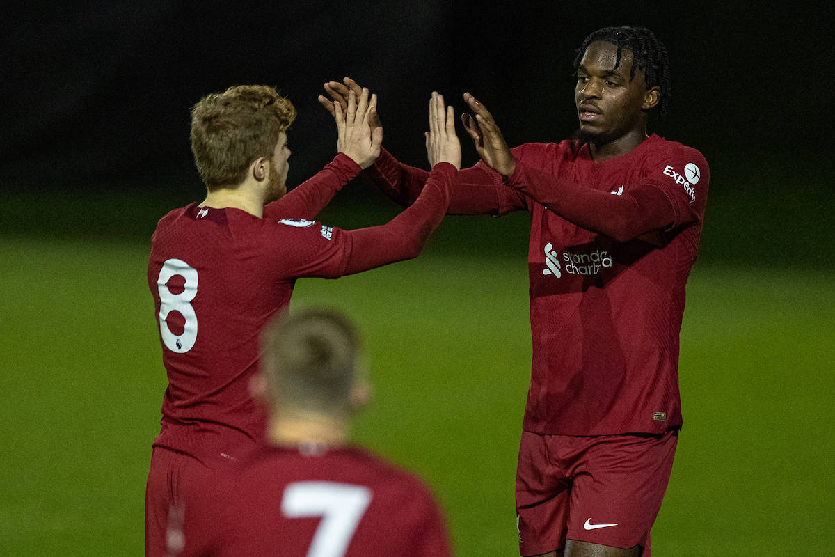 LIVERPOOL, ENGLAND - Wednesday, January 11, 2023: Liverpool's Billy Koumetio (R) celebrates after scoring the third goal during the Premier League International Cup match between Liverpool FC Under-23's and Paris Saint-Germain Under-21's at the Liverpool Academy. (Pic by David Rawcliffe/Propaganda)