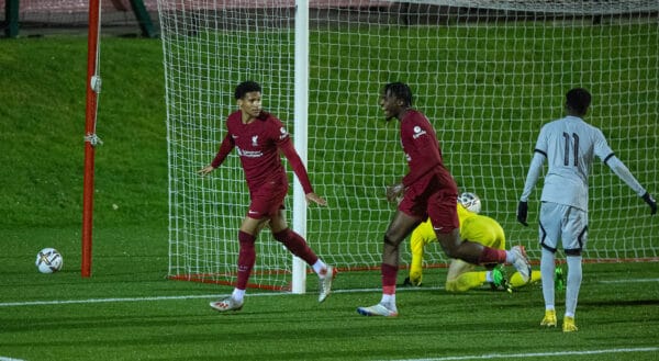 LIVERPOOL, ENGLAND - Wednesday, January 11, 2023: Liverpool's Oludare Olufunwa (L) celebrates after scoring the fourth goal during the Premier League International Cup match between Liverpool FC Under-23's and Paris Saint-Germain Under-21's at the Liverpool Academy. (Pic by David Rawcliffe/Propaganda)