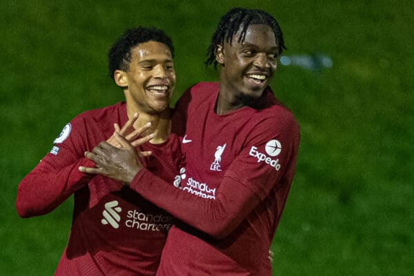 LIVERPOOL, ENGLAND - Wednesday, January 11, 2023: Liverpool's Oludare Olufunwa (L) celebrates with team-mate Billy Koumetio (R) after scoring the fourth goal during the Premier League International Cup match between Liverpool FC Under-23's and Paris Saint-Germain Under-21's at the Liverpool Academy. (Pic by David Rawcliffe/Propaganda)