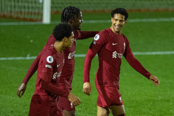 LIVERPOOL, ENGLAND - Wednesday, January 11, 2023: Liverpool's Oludare Olufunwa (R) celebrates after scoring the fourth goal during the Premier League International Cup match between Liverpool FC Under-23's and Paris Saint-Germain Under-21's at the Liverpool Academy. (Pic by David Rawcliffe/Propaganda)