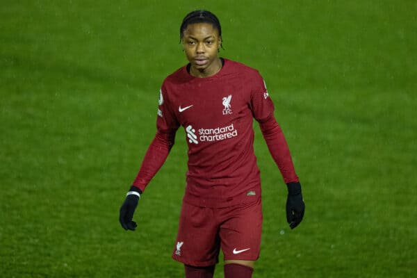 LIVERPOOL, ENGLAND - Wednesday, January 11, 2023: Liverpool's substitute Afolami Onanuga during the Premier League International Cup match between Liverpool FC Under-23's and Paris Saint-Germain Under-21's at the Liverpool Academy. (Pic by David Rawcliffe/Propaganda)