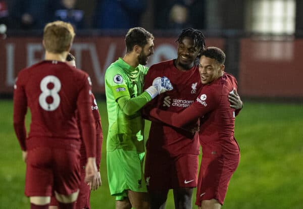 LIVERPOOL, ENGLAND - Wednesday, January 11, 2023: Liverpool's Billy Koumetio (C) celebrates with team-mates after scoring the first goal during the Premier League International Cup match between Liverpool FC Under-23's and Paris Saint-Germain Under-21's at the Liverpool Academy. (Pic by David Rawcliffe/Propaganda)