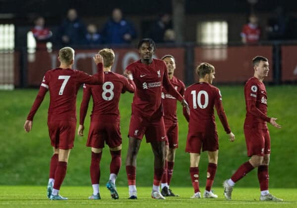 LIVERPOOL, ENGLAND - Wednesday, January 11, 2023: Liverpool's Billy Koumetio (C) celebrates with team-mates after scoring the first goal during the Premier League International Cup match between Liverpool FC Under-23's and Paris Saint-Germain Under-21's at the Liverpool Academy. (Pic by David Rawcliffe/Propaganda)