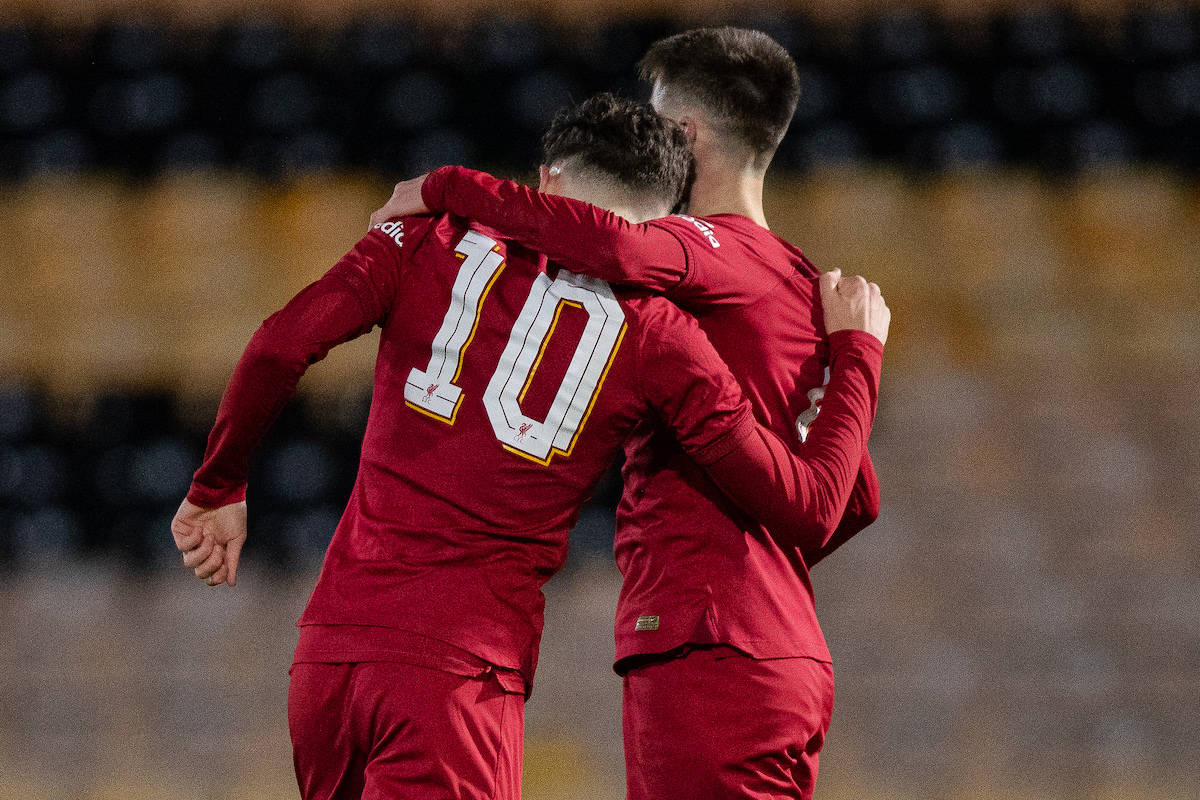 STOKE-ON-TRENT, ENGLAND - Wednesday, January 11, 2023: Liverpool's Michael Laffey (R) celebrates scoring the first goal with team-mates Bobby Clark during the FA Youth Cup 4th Round match between Port Vales FC Under-18's and Liverpool FC Under-18's at Vale Park. (Pic by Jessica Hornby/Propaganda)