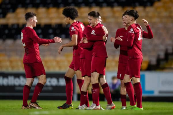 STOKE-ON-TRENT, ENGLAND - Wednesday, January 11, 2023: Liverpool's Michael Laffey (C) celebrates scoring the first goal with team-mates during the FA Youth Cup 4th Round match between Port Vales FC Under-18's and Liverpool FC Under-18's at Vale Park. (Pic by Jessica Hornby/Propaganda)