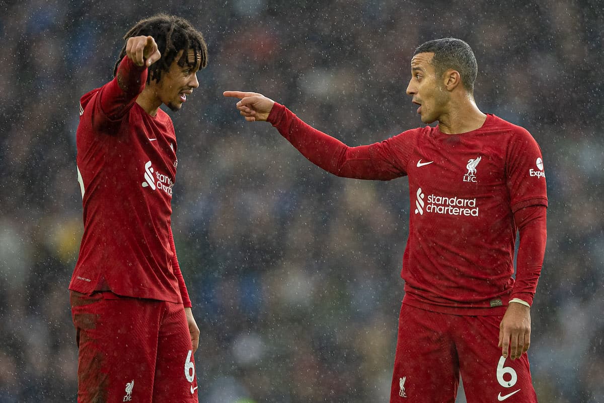 BRIGHTON & HOVE, ENGLAND - Saturday, January 14, 2023: Liverpool's Thiago Alcântara (R) speaks with Trent Alexander-Arnold during the FA Premier League match between Brighton & Hove Albion FC and Liverpool FC at the Falmer Stadium. (Pic by David Rawcliffe/Propaganda)