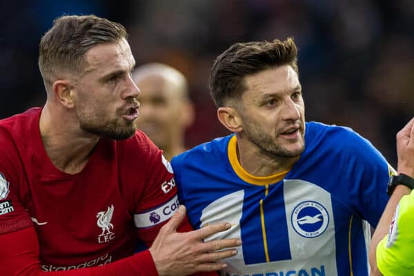 BRIGHTON & HOVE, ENGLAND - Saturday, January 14, 2023: Liverpool's captain Jordan Henderson is shown a yellow card by referee Darren England during the FA Premier League match between Adam Lallana Brighton & Hove Albion FC and Liverpool FC at the Falmer Stadium. (Pic by David Rawcliffe/Propaganda)