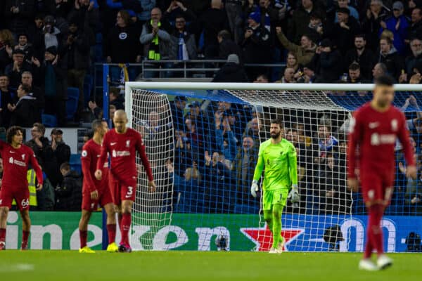 BRIGHTON & HOVE, ENGLAND - Saturday, January 14, 2023: Liverpool's goalkeeper Alisson Becker looks dejected as Brighton & Hove Albion score the opening goal during the FA Premier League match between Brighton & Hove Albion FC and Liverpool FC at the Falmer Stadium. (Pic by David Rawcliffe/Propaganda)