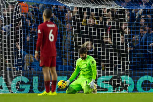 BRIGHTON & HOVE, ENGLAND - Saturday, January 14, 2023: Liverpool's goalkeeper Alisson Becker looks dejected as Brighton & Hove Albion score the second goal during the FA Premier League match between Brighton & Hove Albion FC and Liverpool FC at the Falmer Stadium. (Pic by David Rawcliffe/Propaganda)