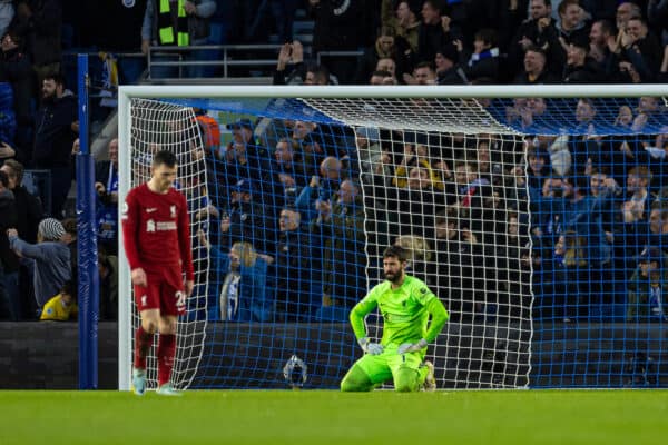 BRIGHTON & HOVE, ENGLAND - Saturday, January 14, 2023: Liverpool's goalkeeper Alisson Becker looks dejected as Brighton & Hove Albion score the second goal during the FA Premier League match between Brighton & Hove Albion FC and Liverpool FC at the Falmer Stadium. (Pic by David Rawcliffe/Propaganda)