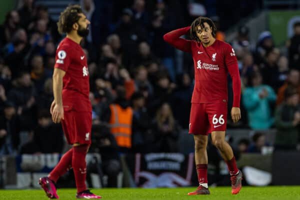 BRIGHTON & HOVE, ENGLAND - Saturday, January 14, 2023: Liverpool's Trent Alexander-Arnold looks dejected as Brighton & Hove Albion score the second goal during the FA Premier League match between Brighton & Hove Albion FC and Liverpool FC at the Falmer Stadium. (Pic by David Rawcliffe/Propaganda)