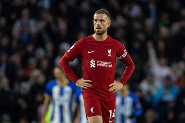 BRIGHTON & HOVE, ENGLAND - Saturday, January 14, 2023: Liverpool's captain Jordan Henderson looks dejected as Brighton & Hove Albion score the second goal during the FA Premier League match between Brighton & Hove Albion FC and Liverpool FC at the Falmer Stadium. (Pic by David Rawcliffe/Propaganda)