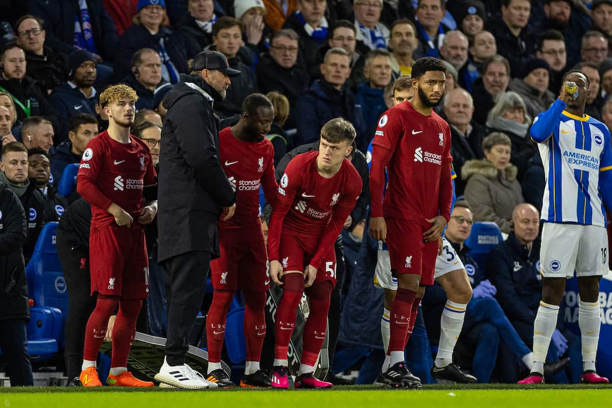 BRIGHTON & HOVE, ENGLAND - Saturday, January 14, 2023: Liverpool make four substitutes as Harvey Elliott, Naby Keita, Ben Doak and Joe Gomez come on during the FA Premier League match between Brighton & Hove Albion FC and Liverpool FC at the Falmer Stadium. (Pic by David Rawcliffe/Propaganda)