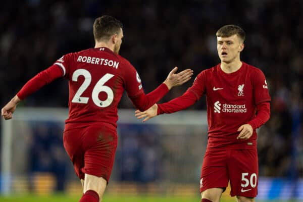 BRIGHTON & HOVE, ENGLAND - Saturday, January 14, 2023: Liverpool's Ben Doak during the FA Premier League match between Brighton & Hove Albion FC and Liverpool FC at the Falmer Stadium. (Pic by David Rawcliffe/Propaganda)