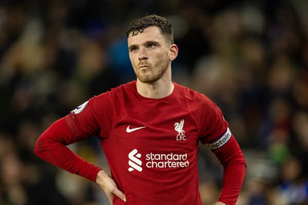 BRIGHTON & HOVE, ENGLAND - Saturday, January 14, 2023: Liverpool's Andy Robertson looks dejected during the FA Premier League match between Brighton & Hove Albion FC and Liverpool FC at the Falmer Stadium. (Pic by David Rawcliffe/Propaganda)