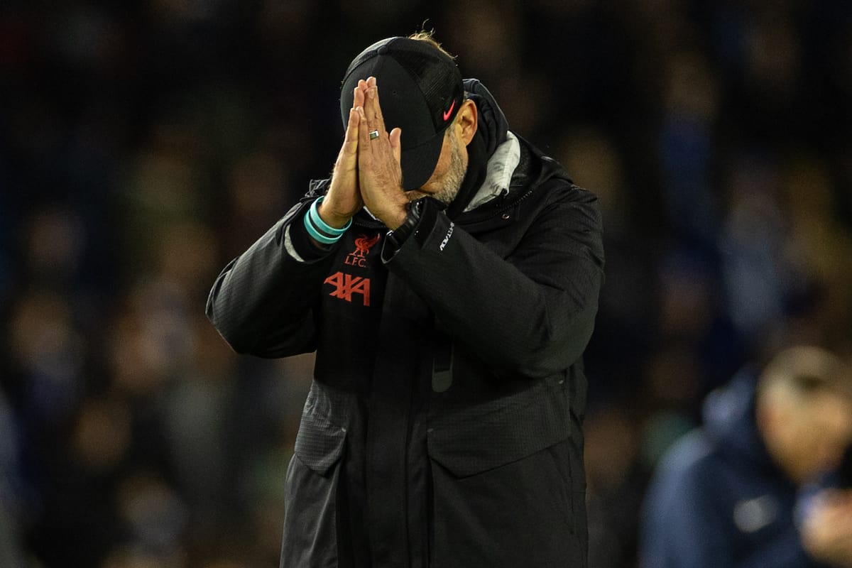 BRIGHTON & HOVE, ENGLAND - Saturday, January 14, 2023: Liverpool's manager Jürgen Klopp looks dejected after the FA Premier League match between Brighton & Hove Albion FC and Liverpool FC at the Falmer Stadium. (Pic by David Rawcliffe/Propaganda)